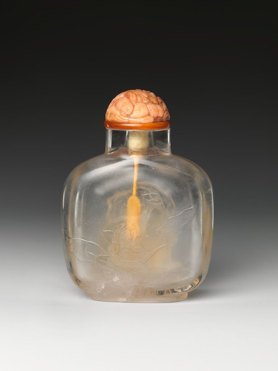 Snuff Bottle with Two Monkeys and Rock, Rock crystal with coral stopper, China
