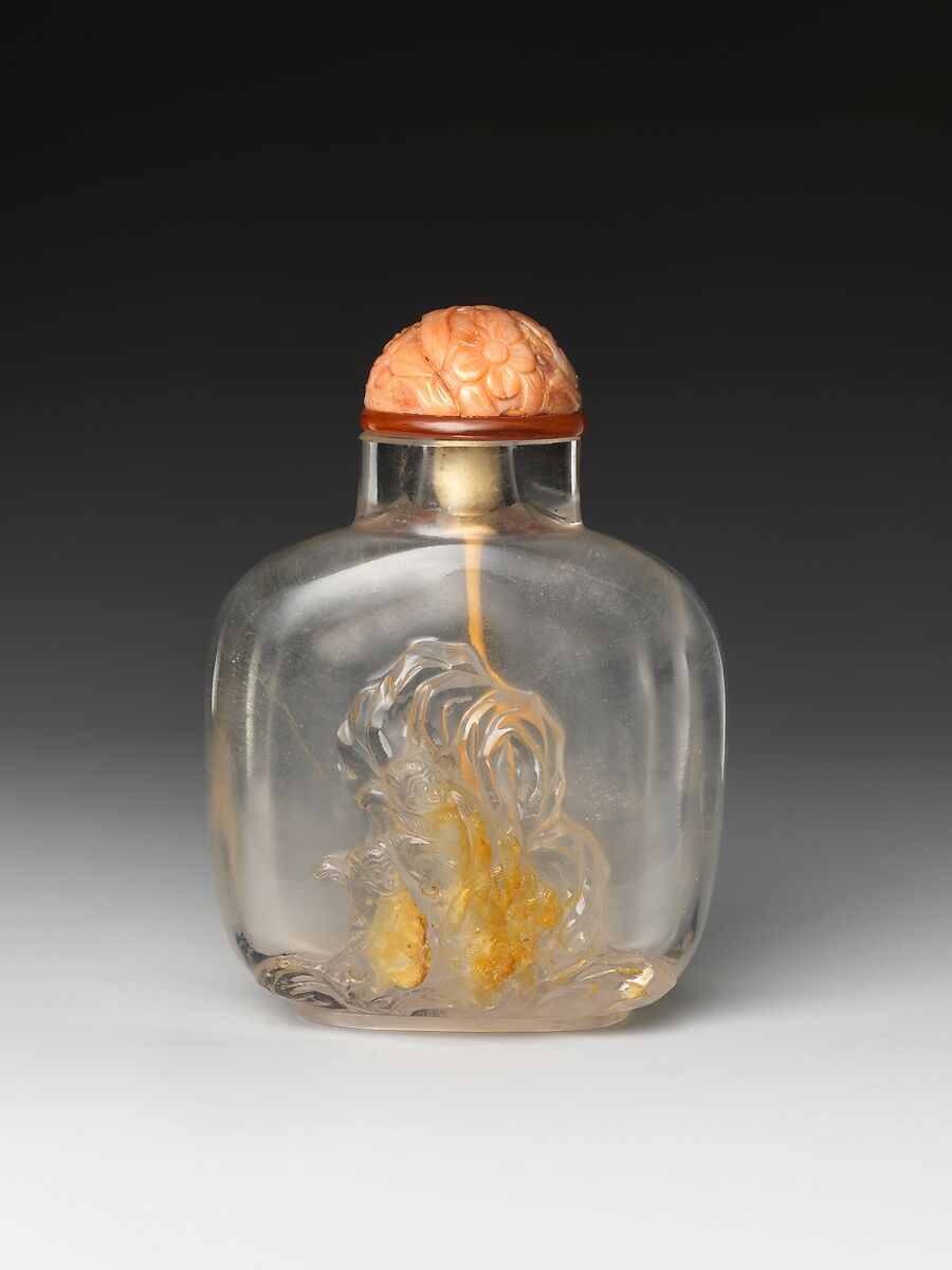 Snuff Bottle with Two Monkeys and Rock, Rock crystal with coral stopper, China 