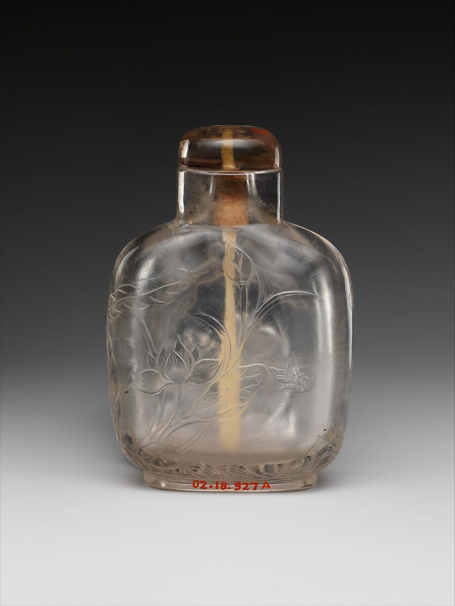 Snuff bottle with god of longevity and deer, Rock crystal with tourmaline stopper, China