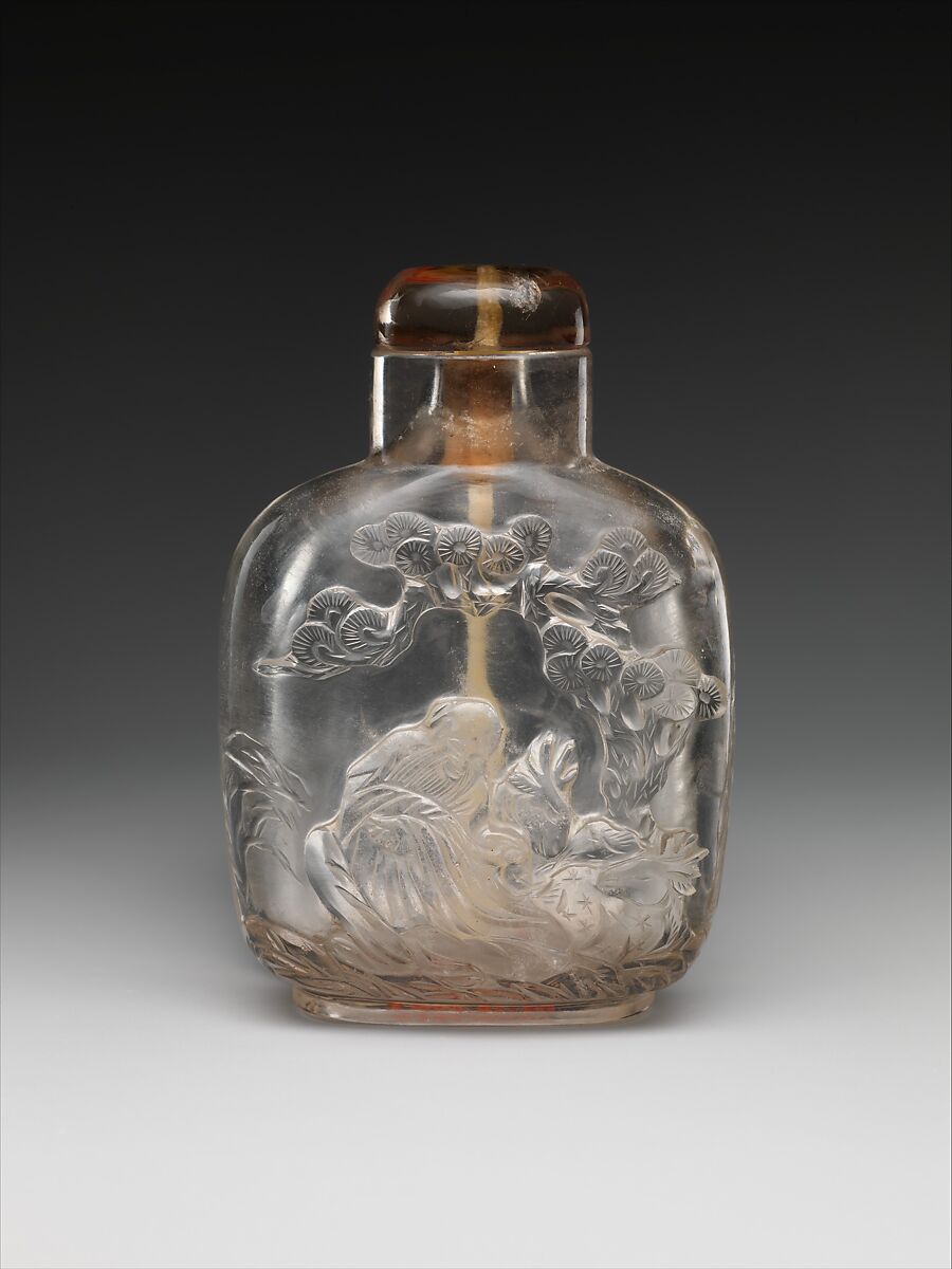 Snuff bottle with god of longevity and deer, Rock crystal with tourmaline stopper, China 