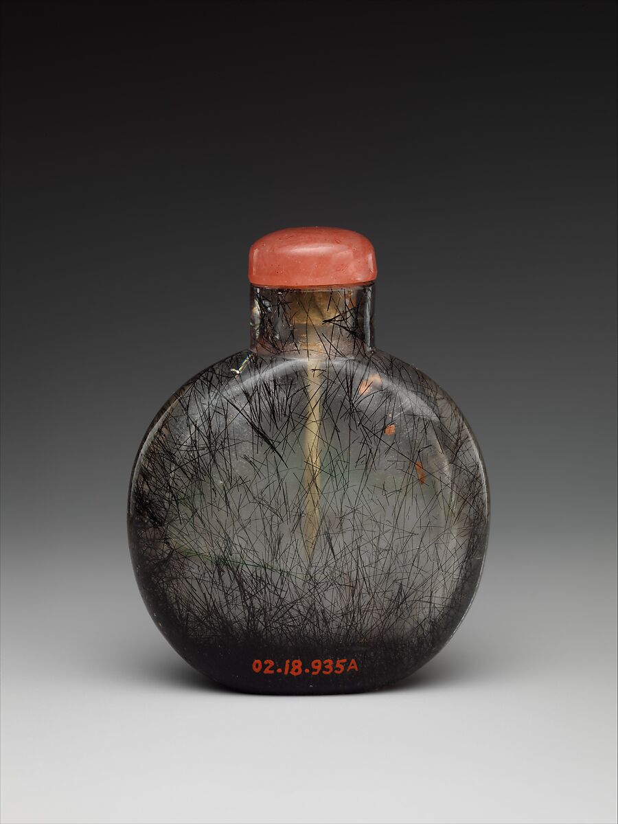 Snuff bottle, Rock crystal with pink tourmaline stopper, China