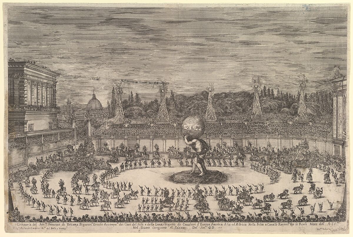 Entry of the prince of Tuscany as Hercules, in front of him a large procession of horsemen and footsoldiers, processing around the large statue of Atlas in center, the Duomo and the Pitti Palace to left in the background, spectators surrounding from all sides, from 'Il mondo festeggiante', Stefano della Bella (Italian, Florence 1610–1664 Florence), Etching 