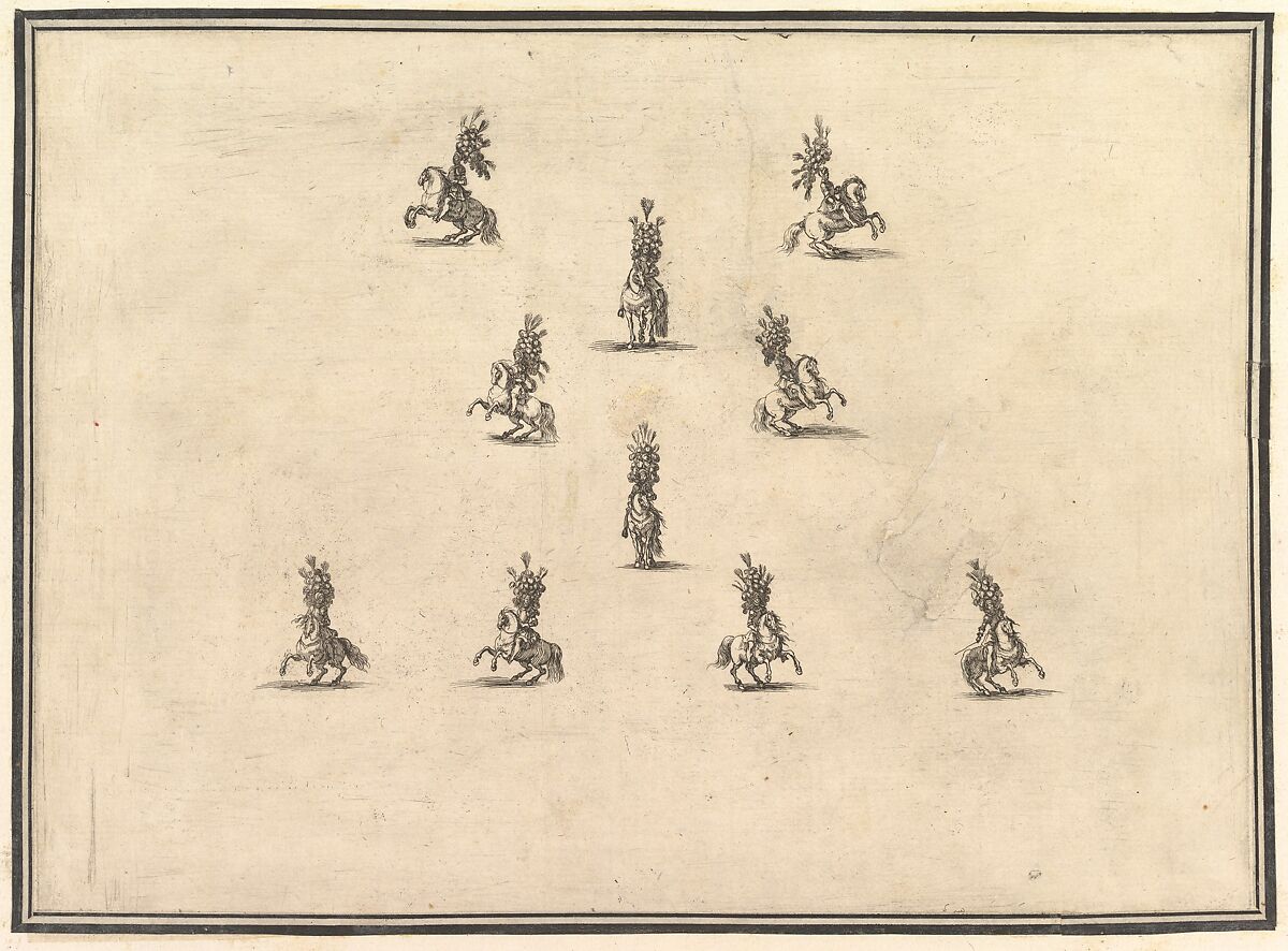 Four riders in a row at bottom, five riders forming a V above and another rider in the center, from 'La gara delle Stagioni', Stefano della Bella (Italian, Florence 1610–1664 Florence), Etching 