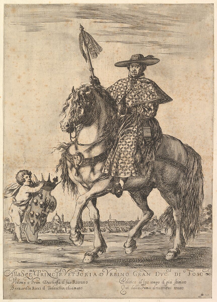 Bernardino Ricci, called il Tedeschino, atop a horse in center, riding towards the left, wearing a long robe, a cape, and a hat, holding a staff in his right hand, a putto holding the Medici coat of arms at bottom left, Florence in the background, Stefano della Bella (Italian, Florence 1610–1664 Florence), Etching 
