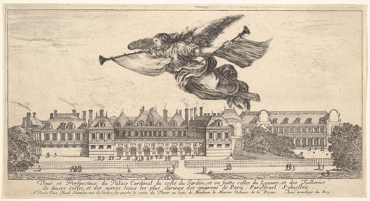 View of the Palais Cardinal, the figure of Fame at top center flying towards the left and playing the trumpet with another trumpet in her left hand, 'Various views of remarkable palaces in Italy and France' (Diverses vues d'endroits remarquables d'Italie et de France), Stefano della Bella (Italian, Florence 1610–1664 Florence), Etching 