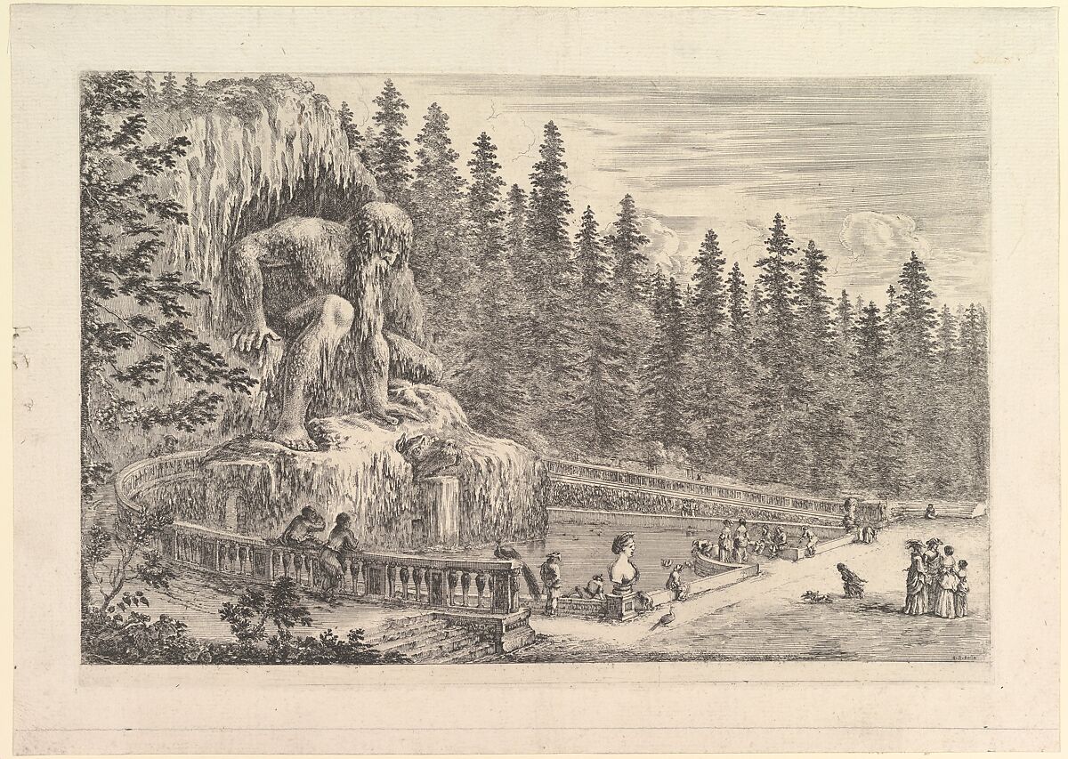 Colossal statue of the Appenino by Giambologna to left, represented as a giant crouching at the entrance of a grotto, ramps to either side, a pond below, various figures, dogs, and birds to right, from 'Views of the villa at Pratolino' (Vues de la villa de Pratolino), Stefano della Bella (Italian, Florence 1610–1664 Florence), Etching 