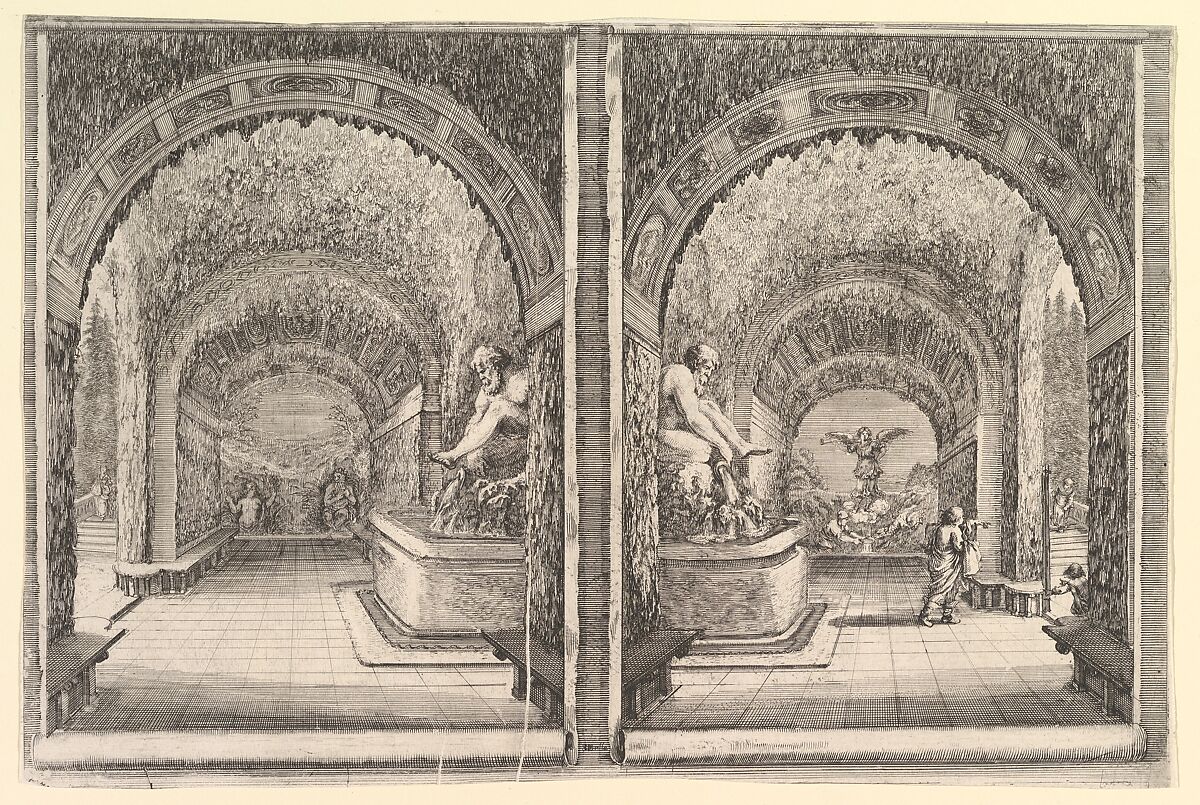 Two views of a grotto, both views with a fountain with a seated statue, seen from the left and right sides, from 'Views of the villa at Pratolino' (Vues de la villa de Pratolino), Stefano della Bella (Italian, Florence 1610–1664 Florence), Etching 