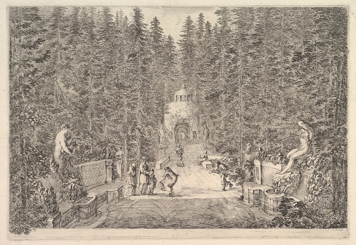 An avenue lined with statues in a pine forest, jets of water issuing from the ground, various figures in center, a small building in background center, from 'Views of the villa at Pratolino' (Vues de la villa de Pratolino), Stefano della Bella (Italian, Florence 1610–1664 Florence), Etching 