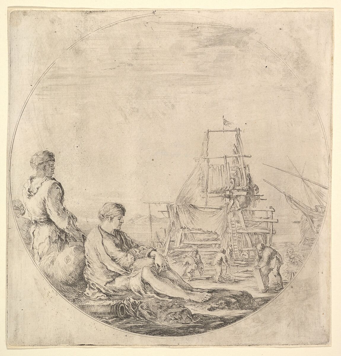 A Black sailor standing to left, in profile to the right, a White sailor seated in center with legs outstretched, a ship being repaired to right in the background, Stefano della Bella (Italian, Florence 1610–1664 Florence), Etching 