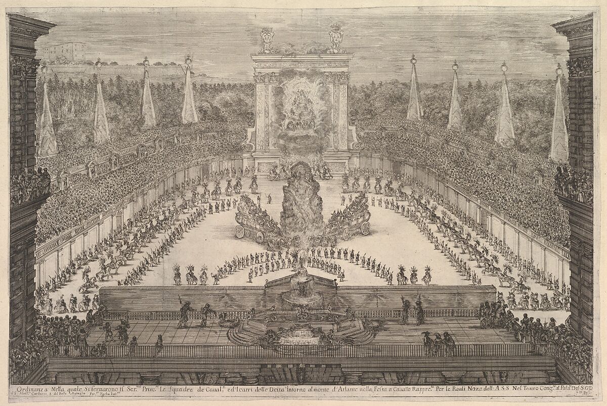 The Prince of Tuscany and his chariots arranged around Mount Atlas in center, a fountain at center in the foreground, a large arch displaying the Medici and the Orleans coats of arms in the background, spectators surrounding all sides, from 'Il mondo festeggiante', Stefano della Bella (Italian, Florence 1610–1664 Florence), Etching 