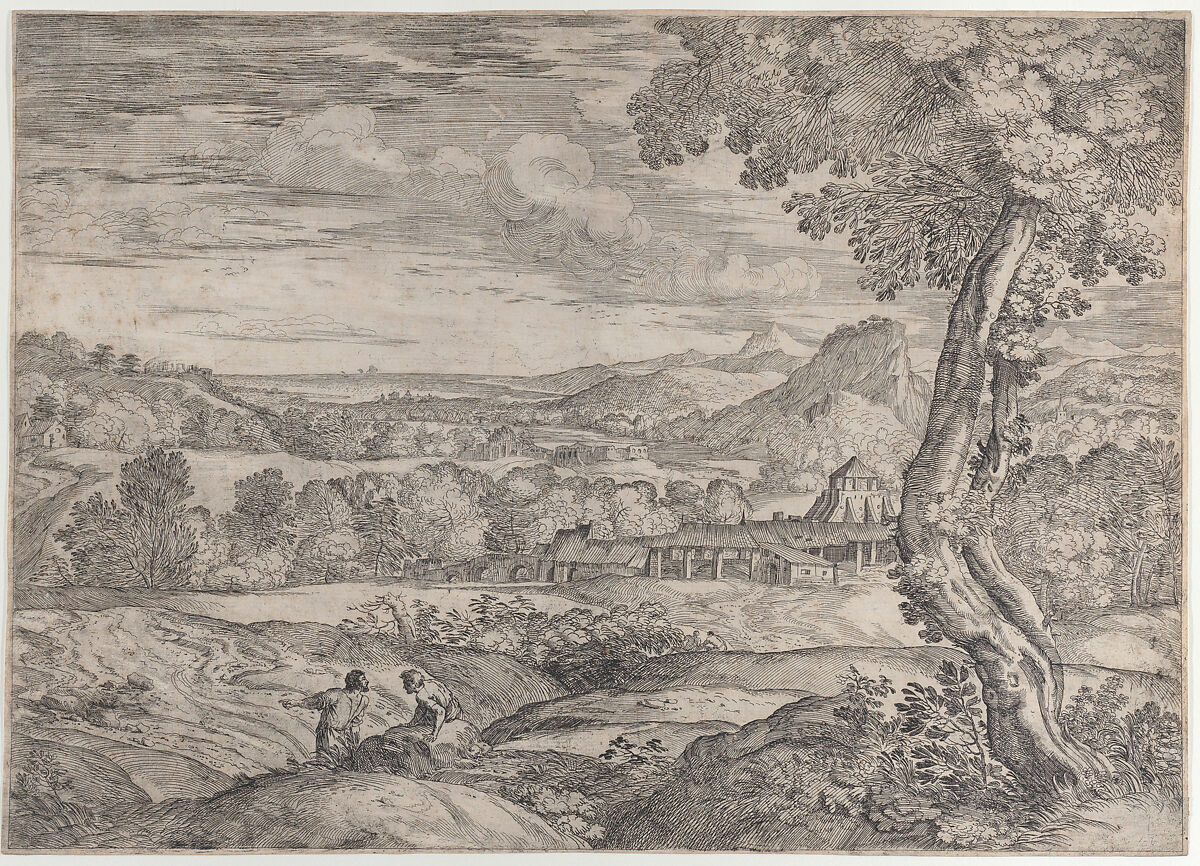 Landscape with a brick factory in the middle ground, a standing man in the foreground points to the left as he faces a man lying on a rock, Giovanni Francesco Grimaldi (Italian, Bologna 1606–1680 Rome), Etching