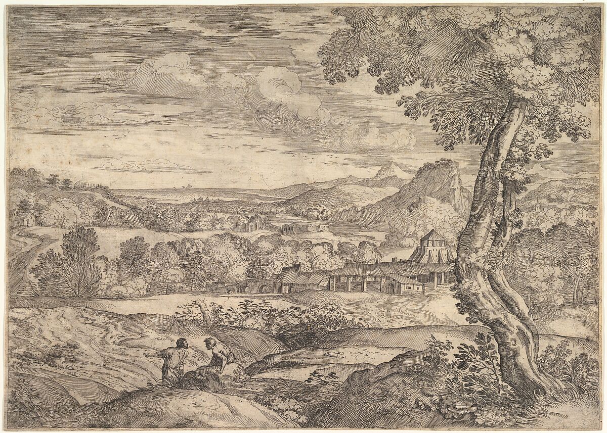 Landscape with a brick factory in the middle ground, a standing man in the foreground points to the left as he faces a man lying on a rock, Giovanni Francesco Grimaldi (Italian, Bologna 1606–1680 Rome), Etching 