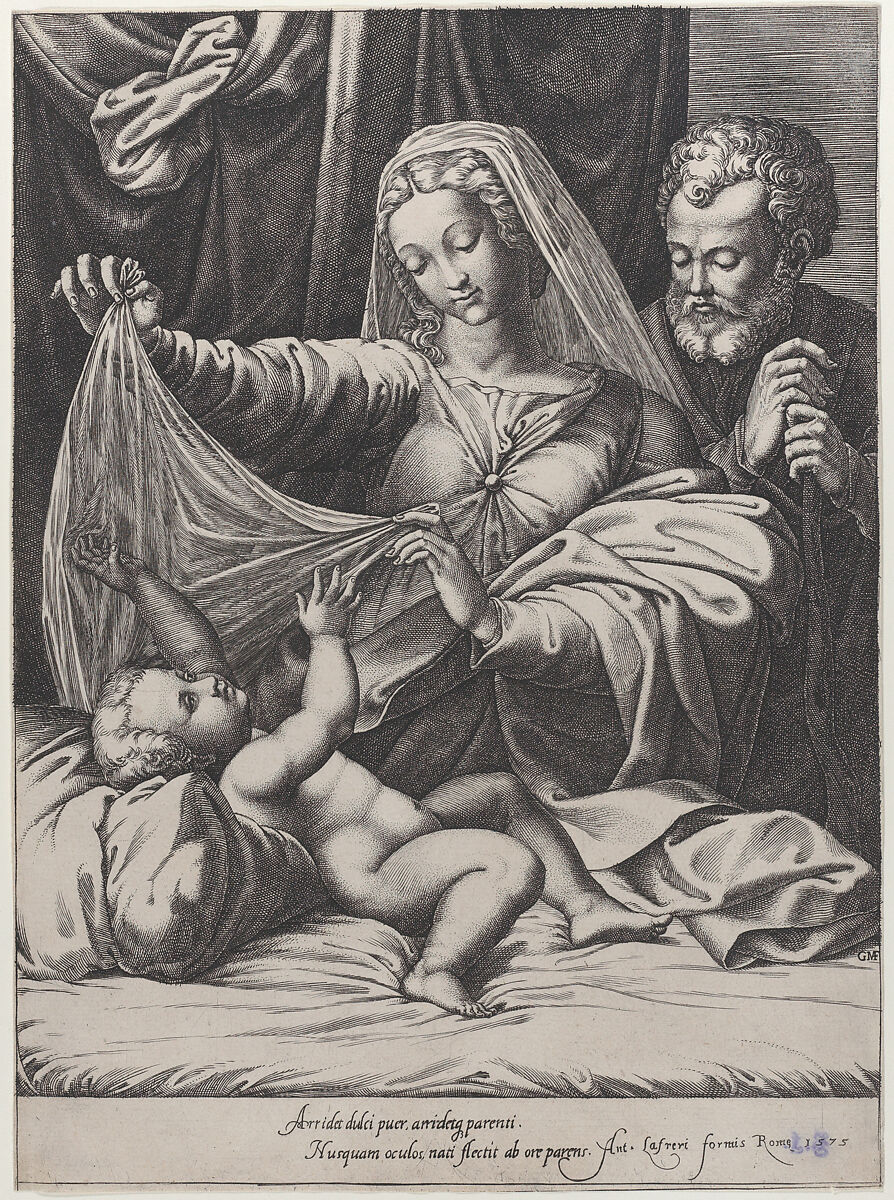Madonna of Loreto, the Virgin lifts a veil above the Child, who lies on a bed and pillow, Joseph stands behind with both hands on his staff, Giorgio Ghisi (Italian, Mantua ca. 1520–1582 Mantua), Engraving; second state of three