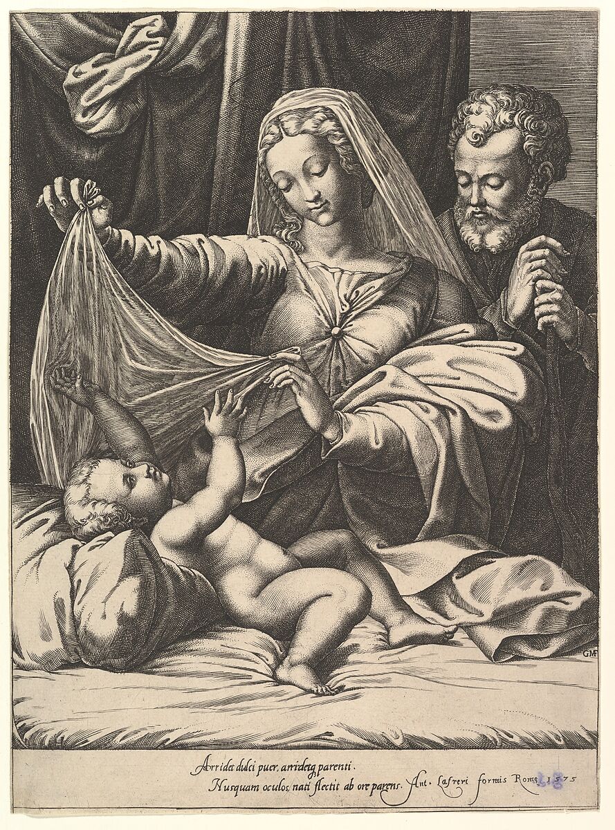Madonna of Loreto, the Virgin lifts a veil above the Child, who lies on a bed and pillow, Joseph stands behind with both hands on his staff, Giorgio Ghisi (Italian, Mantua ca. 1520–1582 Mantua), Engraving; second state of three 