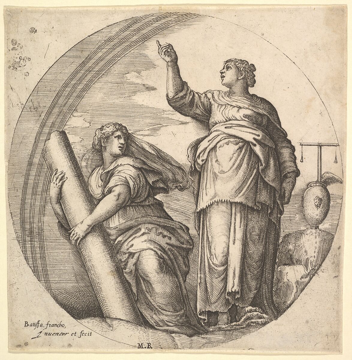 Fortitude and Justice, an allegorical composition in round format, with Fortitude grasping a stone column and Justice pointing upward, a set of scale rests on a rock at right, Battista Franco (Italian, Venice ca. 1510–1561 Venice), Etching 