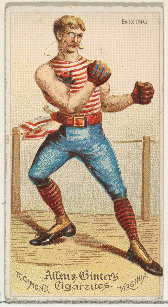 Boxing, from World's Dudes series (N31) for Allen & Ginter Cigarettes, Allen &amp; Ginter (American, Richmond, Virginia), Commercial color lithograph 