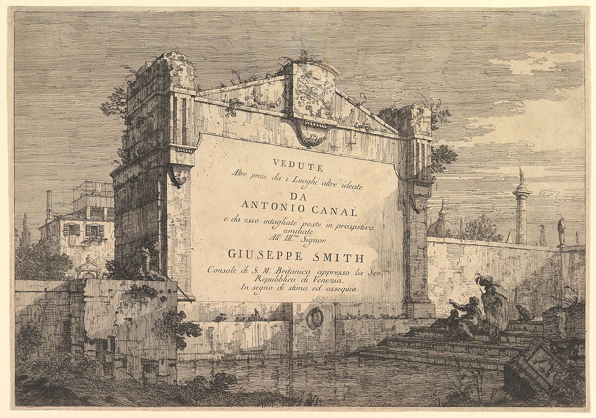 Title plate of 'Vedute altre prese da i luoghi altre ideate', with title and publication information inscribed into a wall plaque at the edge of a canal, Canaletto (Giovanni Antonio Canal) (Italian, Venice 1697–1768 Venice), Etching; second state of two 