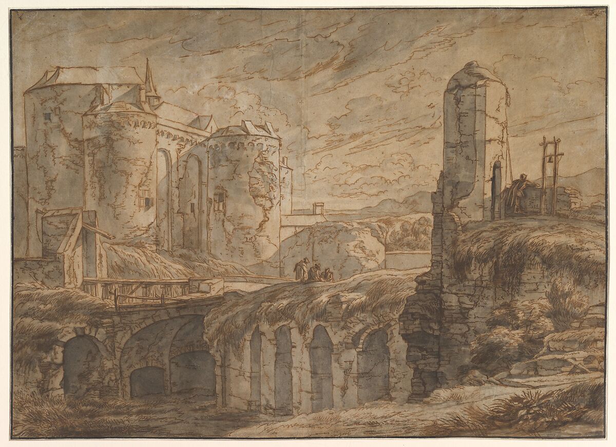 The Gate of Bruges at Sluis, Hendrick van Minderhout (Dutch, Rotterdam 1630/32–1696 Antwerp), Pen and brown ink, gray wash, white gouache; framing line in pen and black ink 