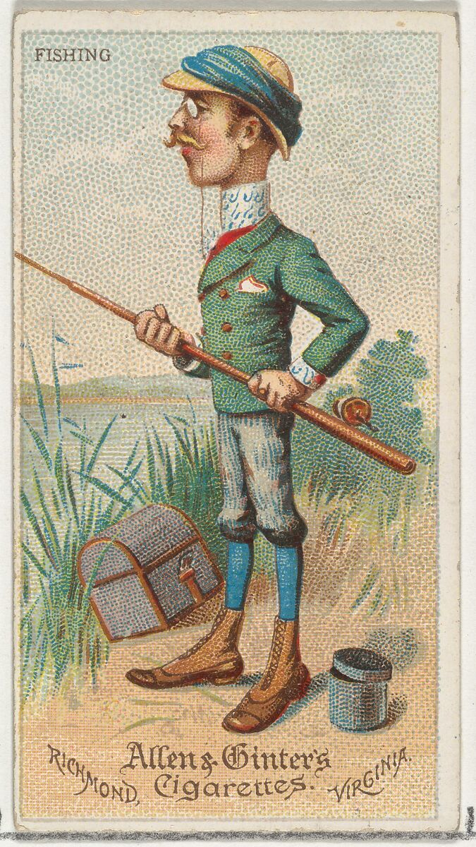 Fishing, from World's Dudes series (N31) for Allen & Ginter Cigarettes, Allen &amp; Ginter (American, Richmond, Virginia), Commercial color lithograph 