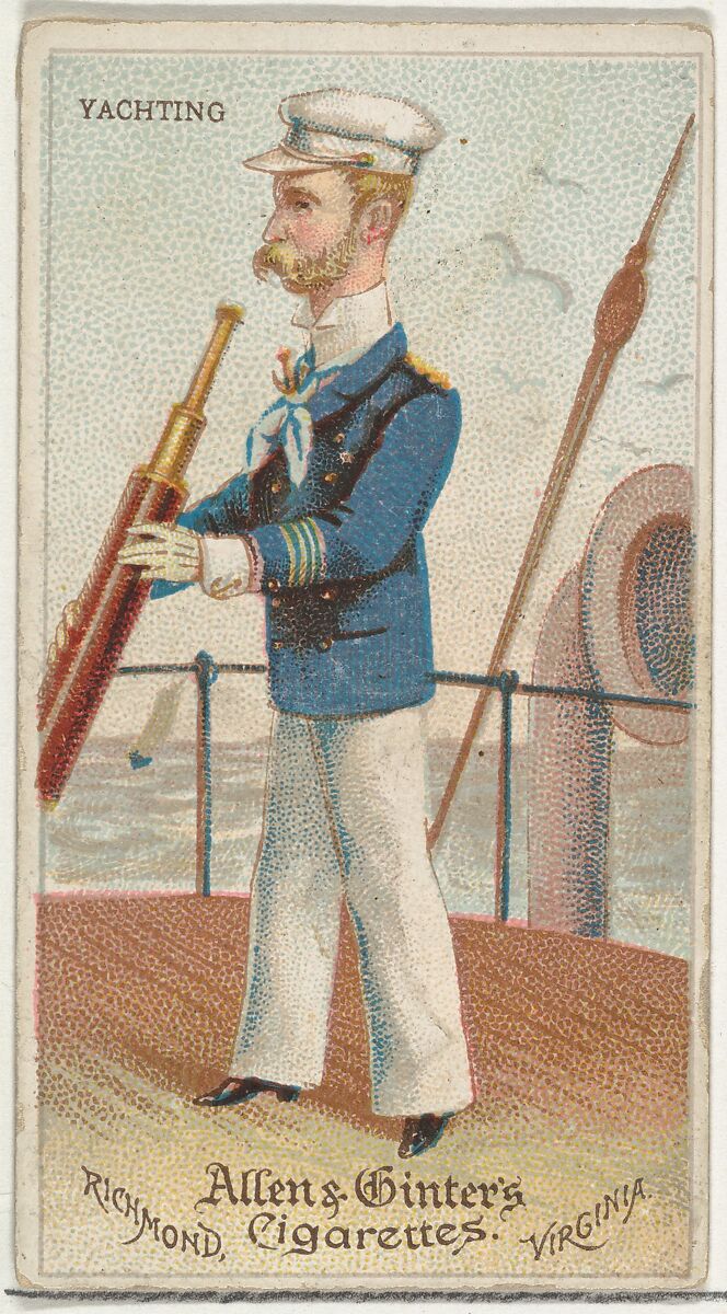 Yachting, from World's Dudes series (N31) for Allen & Ginter Cigarettes, Allen &amp; Ginter (American, Richmond, Virginia), Commercial color lithograph 