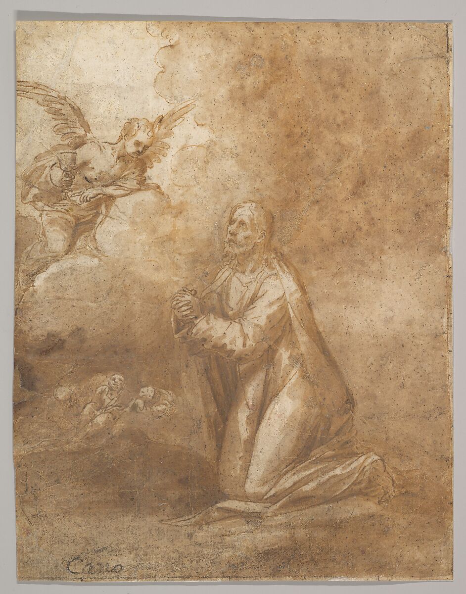 Christ on the Mount of Olives (recto); Study of a Cypress (verso), Alonso Cano (Spanish, Granada 1601–1667 Granada), Pen and brown ink, brush and brown wash, over traces of black chalk; framing line in pen and brown ink, and black chalk; verso: since it is lined with Japan paper and thus the design is indistinct; black chalk (?) 