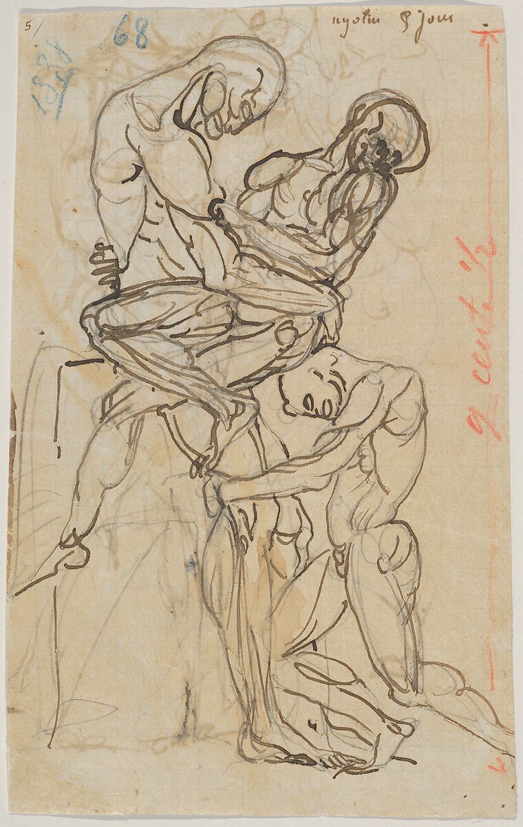 Ugolino and his Sons: Fifth Day (recto); Dante and Virgil: Anatomical Studies (verso), Auguste Rodin (French, Paris 1840–1917 Meudon), Pen and brown ink, graphite, and traces of brown ink wash on graph paper 