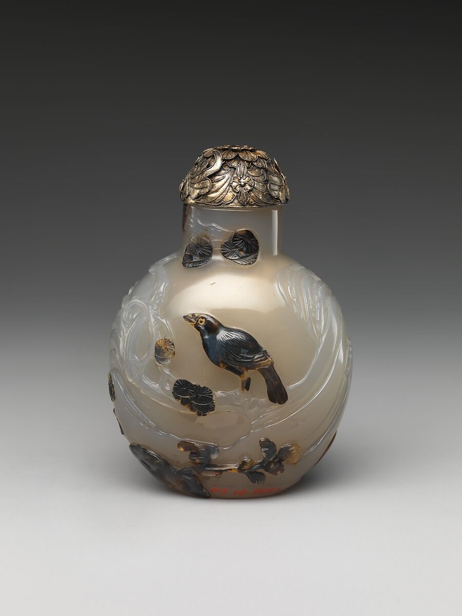 Snuff Bottle with Birds and Flowers, Chalcedony with silver stopper, China
