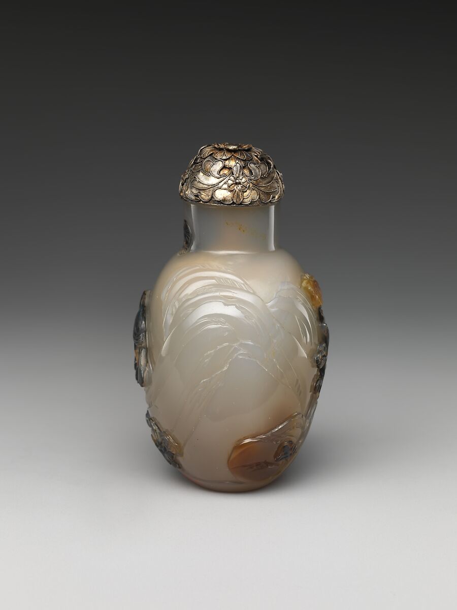 Snuff Bottle with Birds and Flowers, Chalcedony with silver stopper, China
