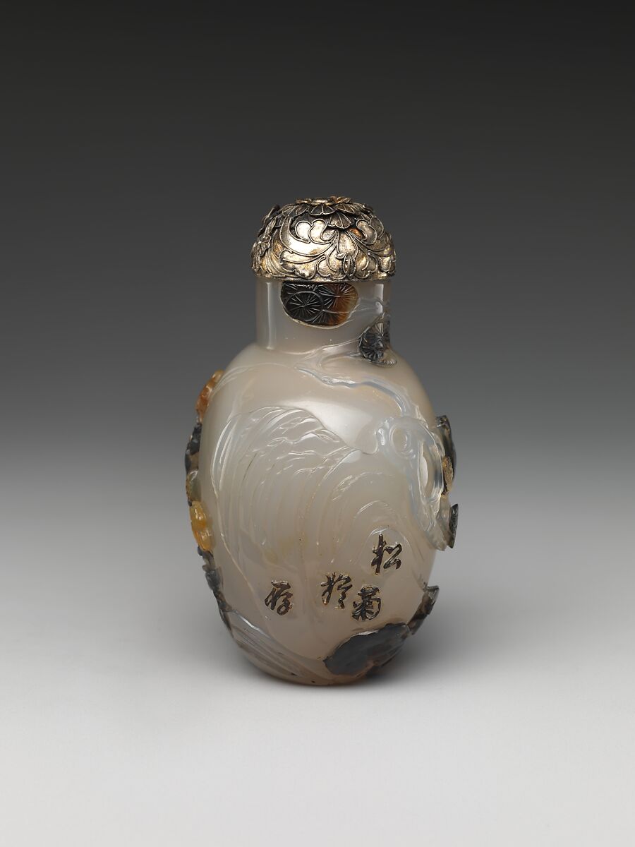 Snuff Bottle with Birds and Flowers, Chalcedony with silver stopper, China