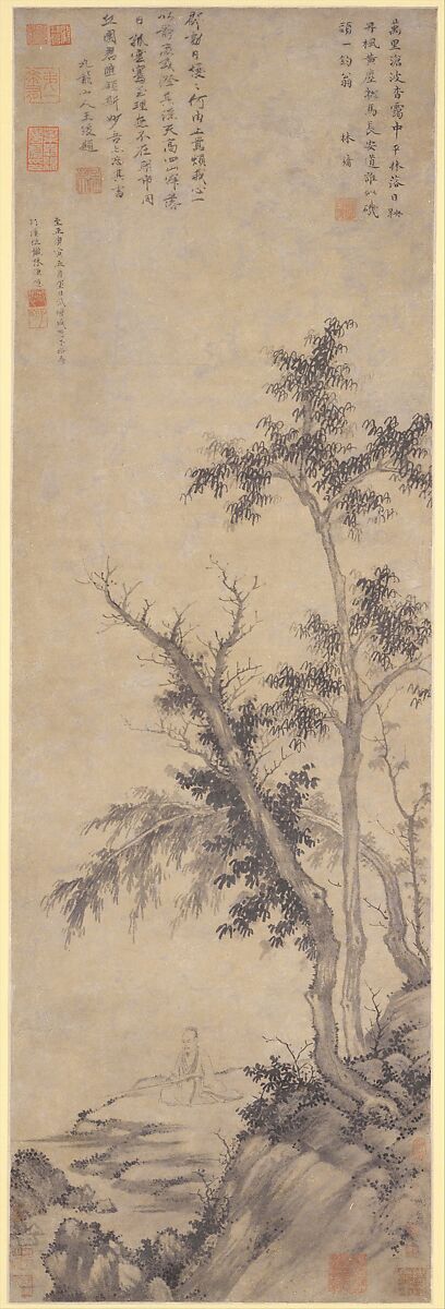 Recluse Fishing by Autumn Trees, Sheng Mao (Chinese, active ca. 1310–1360), Hanging scroll; ink on paper, China 