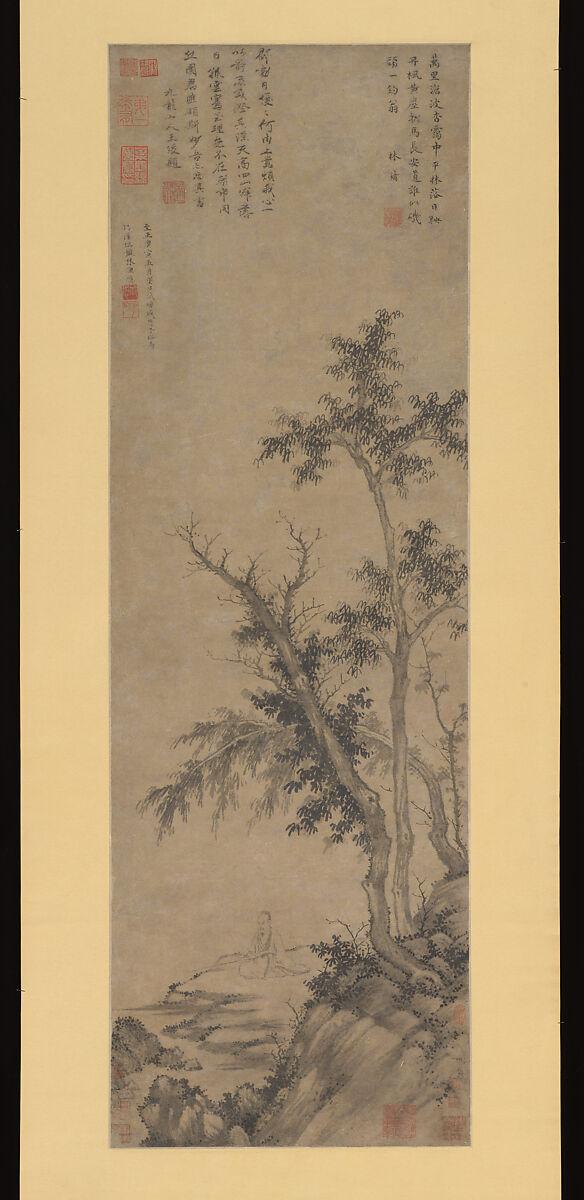 Recluse Fishing by Autumn Trees, Sheng Mao (Chinese, active ca. 1310–1360), Hanging scroll; ink on paper, China 