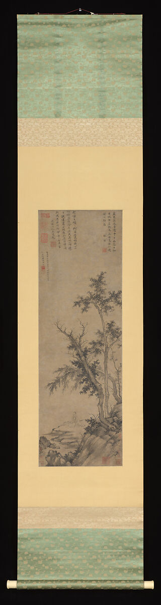 Recluse Fishing by Autumn Trees, Sheng Mao (Chinese, active ca. 1310–1360), Hanging scroll; ink on paper, China