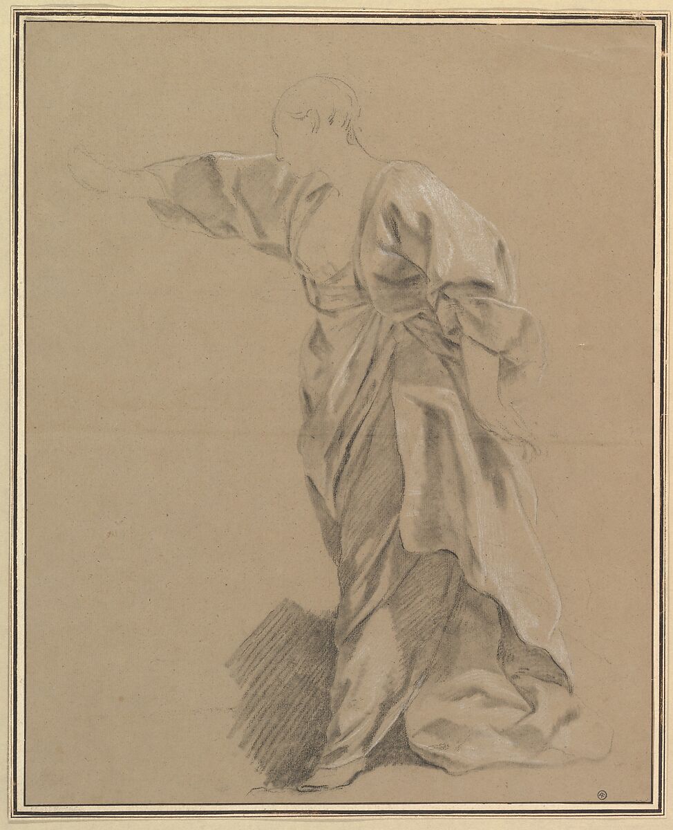 Drapery Study of a Woman with an Outstretched Arm, Attributed to Louis Lagrenée (French, Paris 1725–1805 Paris), Black and white chalk with stumping on buff-colored paper 