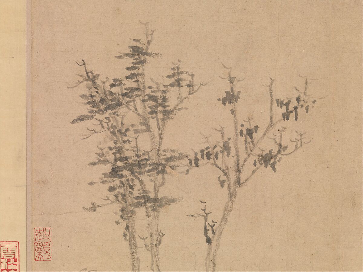 Wind among the Trees on the Riverbank, Ni Zan (Chinese, 1306–1374), Hanging scroll; ink on paper, China