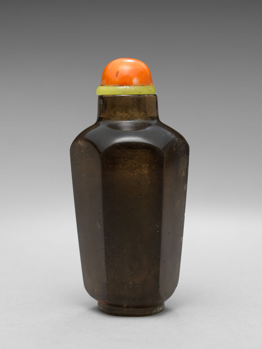 Snuff Bottle, Smoky quartz with coral and glass stopper, China 
