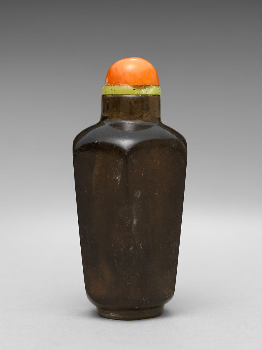 Snuff Bottle, Smoky quartz with coral and glass stopper, China