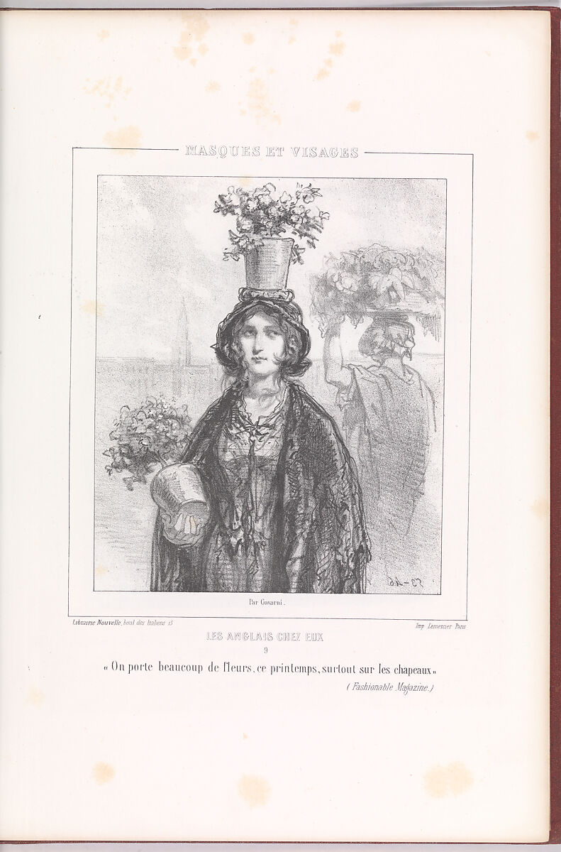 "On porte beaucoup de fleurs, ce printemps, surtout sur les chapeaux", from Les Anglais Chez Eux, Masques et Visages, plate 9, bound in Oeuvres Nouvelles, vol. III, Paul Gavarni [Chevalier] (French, Paris 1804–1866 Paris), Lithograph; second state of two (Armelhault & Bocher) 