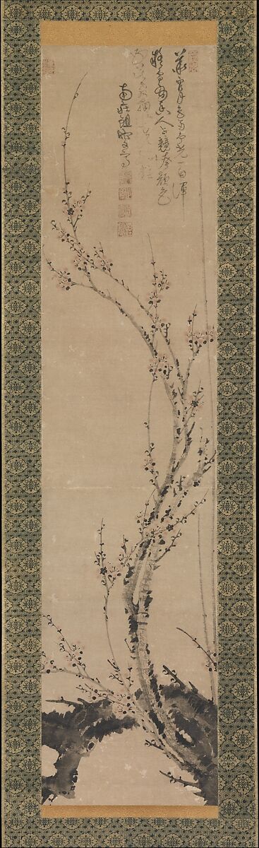 Wintry plum, Ni Jing (Chinese, active late 14th century?), Hanging scroll; ink and pale color on paper, China 