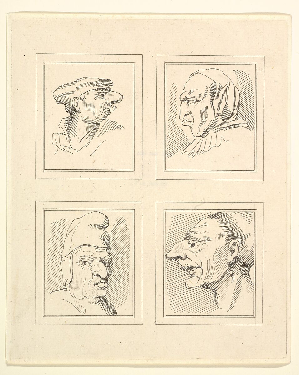 Four Heads (from Characaturas by Leonardo da Vinci, from Drawings by Wincelslaus Hollar, out of the Portland Museum), After Wenceslaus Hollar (Bohemian, Prague 1607–1677 London), Etching 