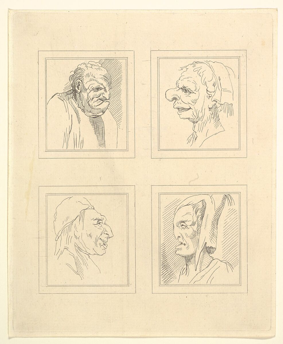 Four Heads (from Characaturas by Leonardo da Vinci, from Drawings by Wincelslaus Hollar, out of the Portland Museum), After Wenceslaus Hollar (Bohemian, Prague 1607–1677 London), Etching 