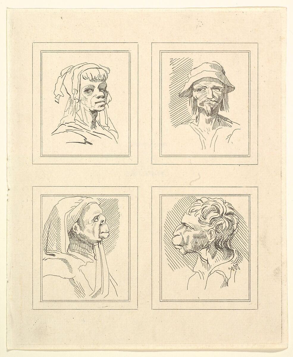 Four Heads (from Characaturas by Leonardo da Vinci, from Drawings by Wincelslaus Hollar, out of the Portland Museum), After Wenceslaus Hollar (Bohemian, Prague 1607–1677 London), Etching 