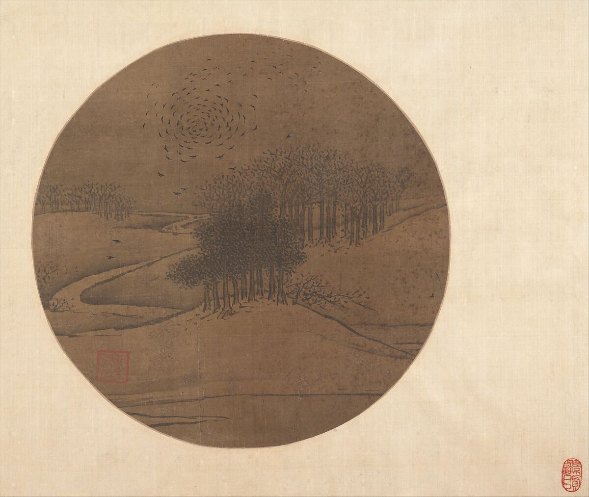 Crows and Bare Trees in Winter, Unidentified artist Chinese, Fan mounted as an album leaf; ink and color on silk, China