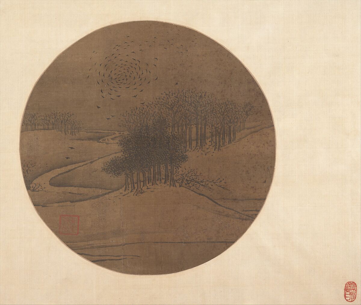 Crows and Bare Trees in Winter, Unidentified artist Chinese, Fan mounted as an album leaf; ink and color on silk, China 