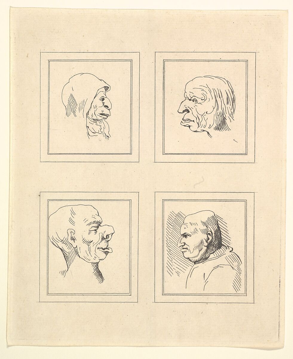 Four Heads (from Characaturas by Leonardo da Vinci, from Drawings by Wincelslaus Hollar, out of the Portland Museum), After Wenceslaus Hollar (Bohemian, Prague 1607–1677 London), Etching 