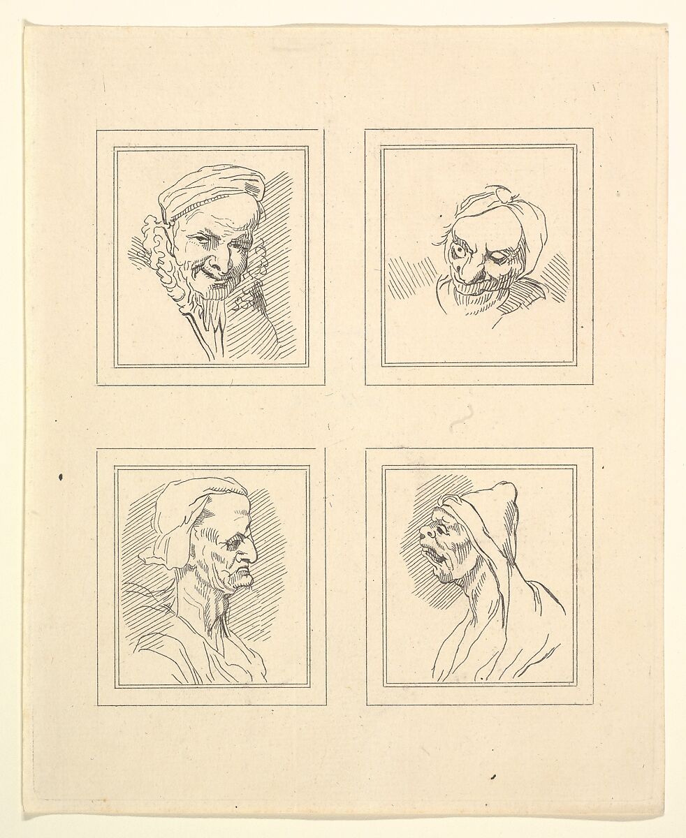 Four Heads (from Characaturas by Leonardo da Vinci, from Drawings by Wincelslaus Hollar, out of the Portland Museum), After Wenceslaus Hollar (Bohemian, Prague 1607–1677 London), Etching 