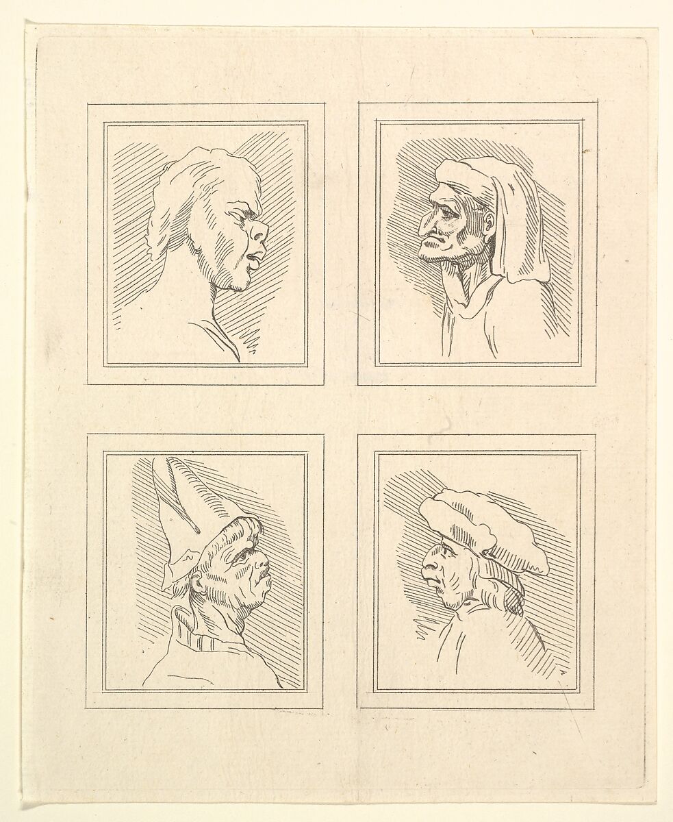 Four Heads (from Characaturas by Leonardo da Vinci, from Drawings by Wincelslaus Hollar, out of the Portland Museum), After Wenceslaus Hollar (Bohemian, Prague 1607–1677 London), Etching 