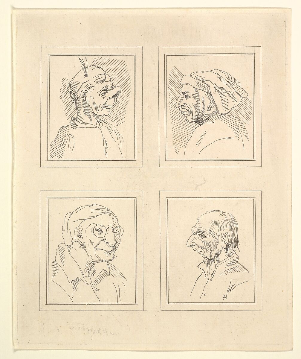 Four Heads (from Characaturas by Leonardo da Vinci, from Drawings by Wincelslaus Hollar, out of the Portland Museum), After Wenceslaus Hollar (Bohemian, Prague 1607–1677 London), Etching 