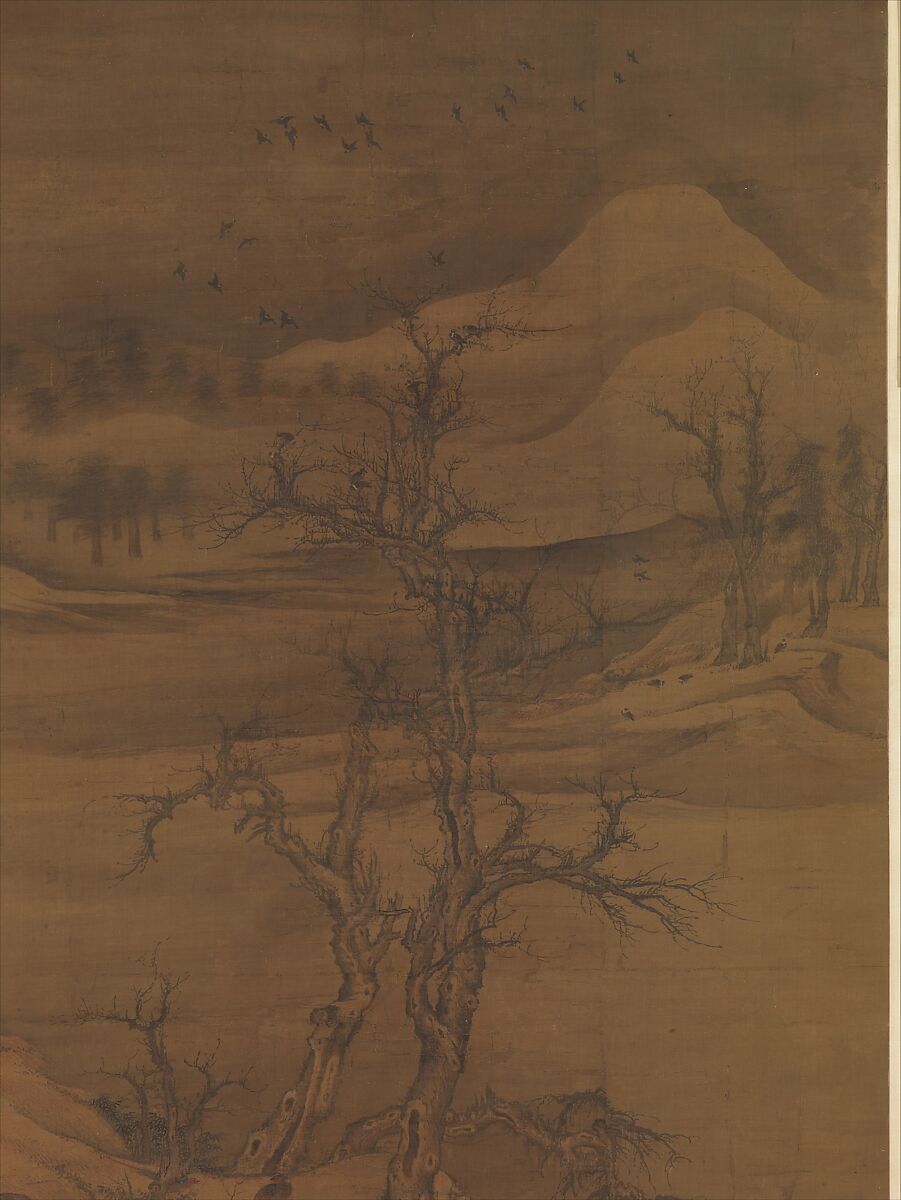 Crows in Old Trees, Luo Zhichuan (Chinese, active ca. 1300–30), Hanging scroll; ink and color on silk, China