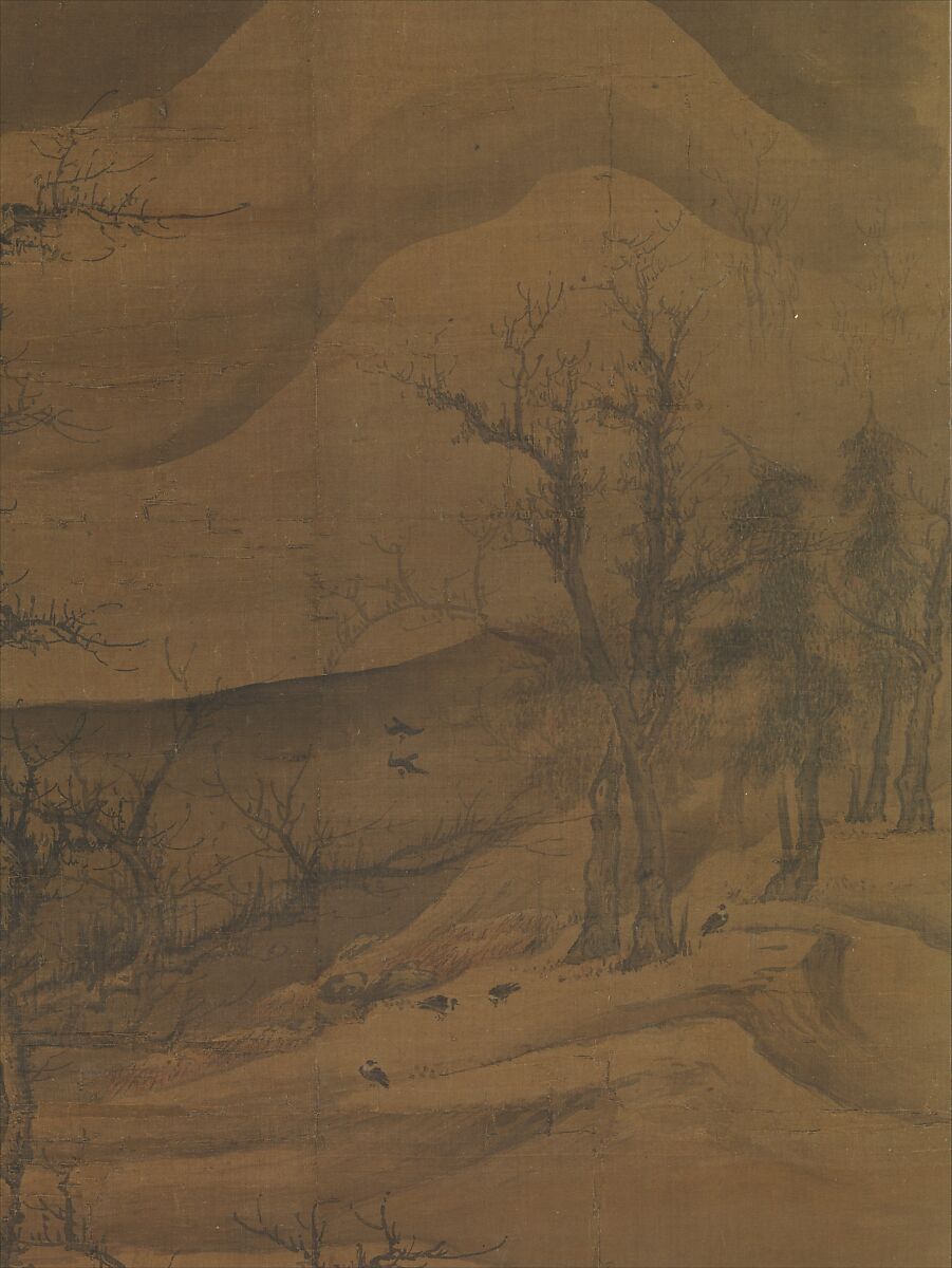 Crows in Old Trees, Luo Zhichuan (Chinese, active ca. 1300–30), Hanging scroll; ink and color on silk, China