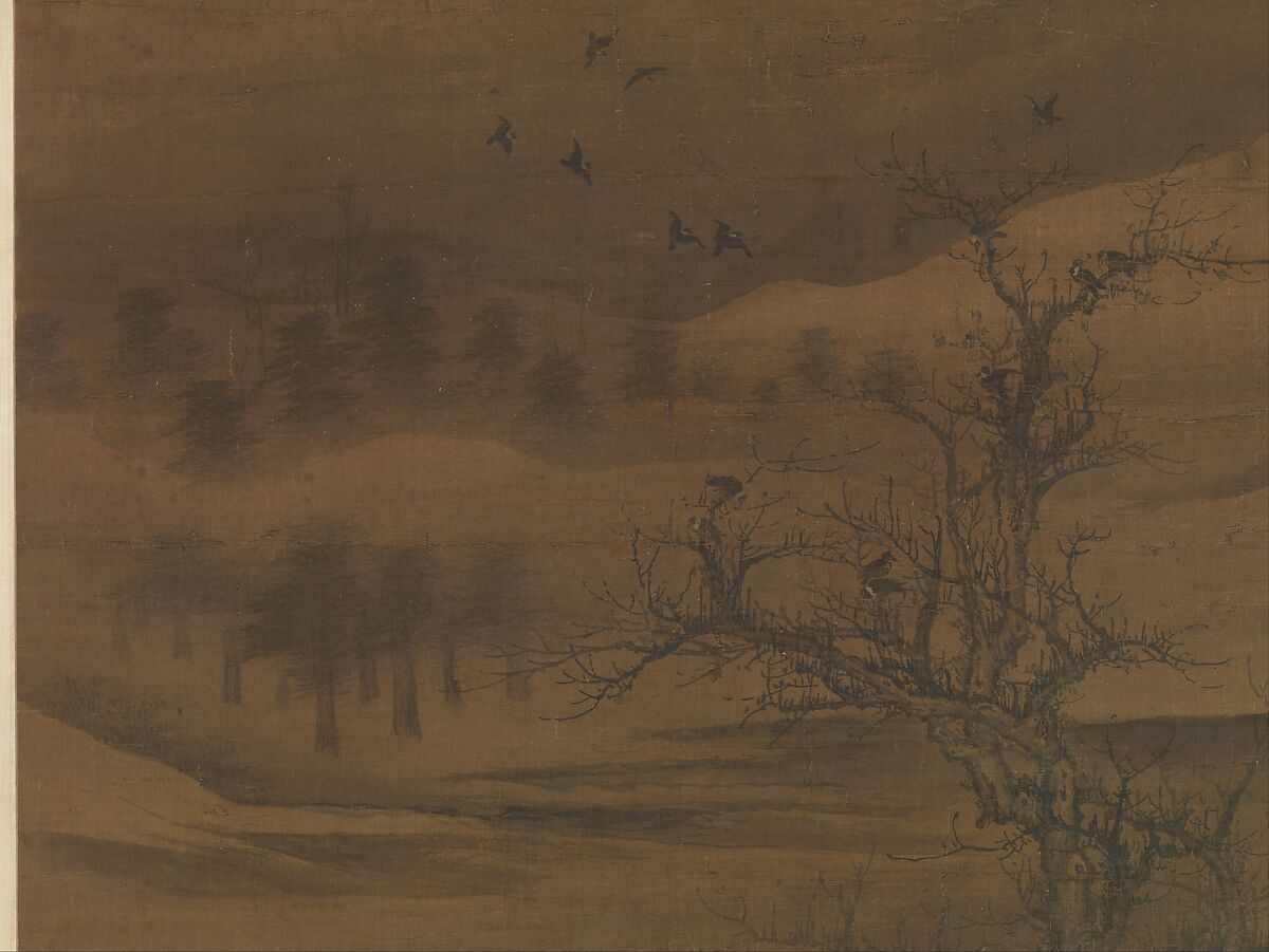 Crows in Old Trees, Luo Zhichuan (Chinese, active ca. 1300–30), Hanging scroll; ink and color on silk, China